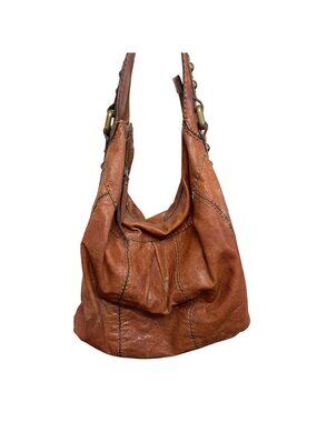 Fossil Brown Leather Hobo Bag Purse Brass Hardware Stitch Detailing